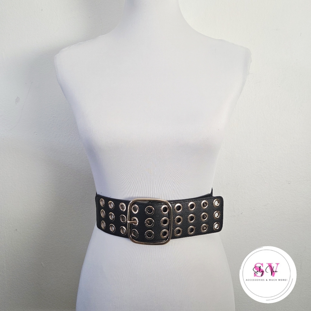 Stretchy Black Belt With Eyelet Decor